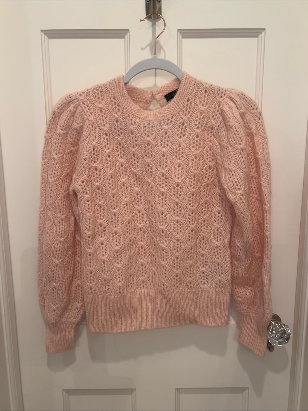 NWOT J. Crew Pale Pink Cable Knit Puff Sleeve Sweater